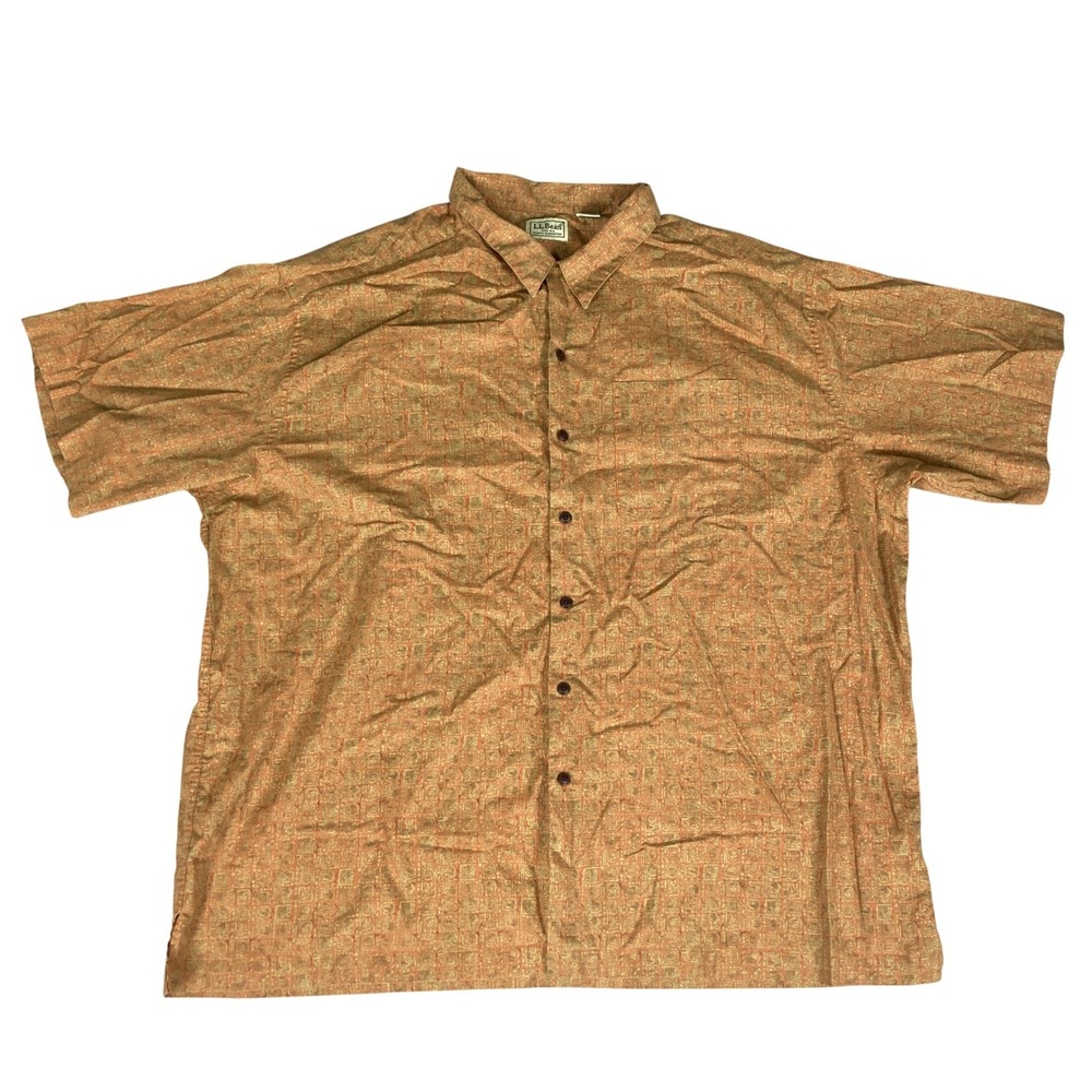 LL Bean‎ Mens XXL Short Sleeve Button Down Shirt Orange Geometric 100% Cotton